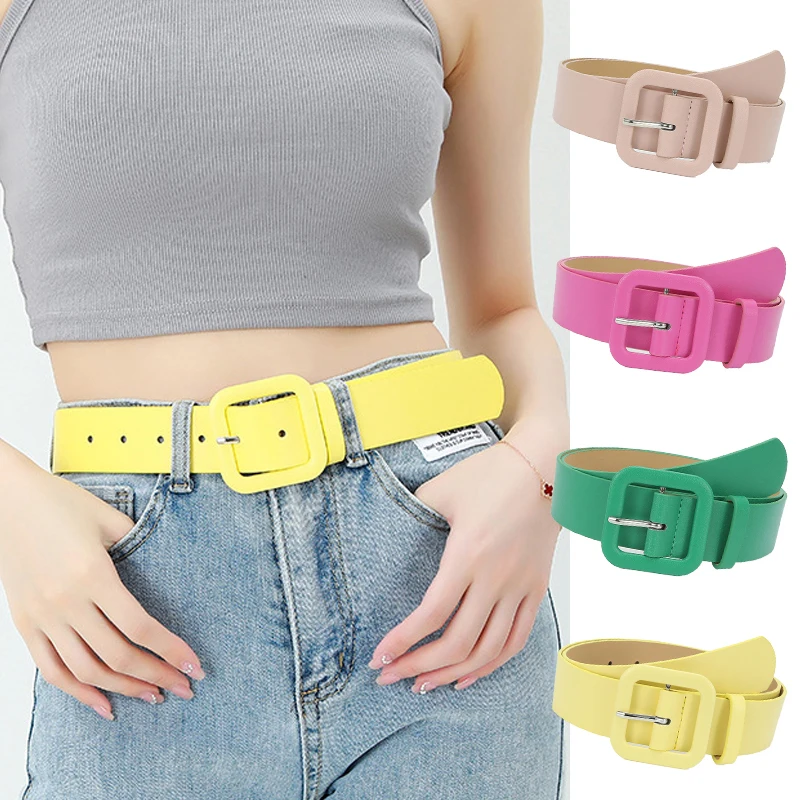 Top Trends: Fashion Square Buckle Simple Decorative Women's Belts Candy Color Pin Buckle Wide Belt Skirt Sweater Jeans Pants Ladies Belt Shoppable Styles