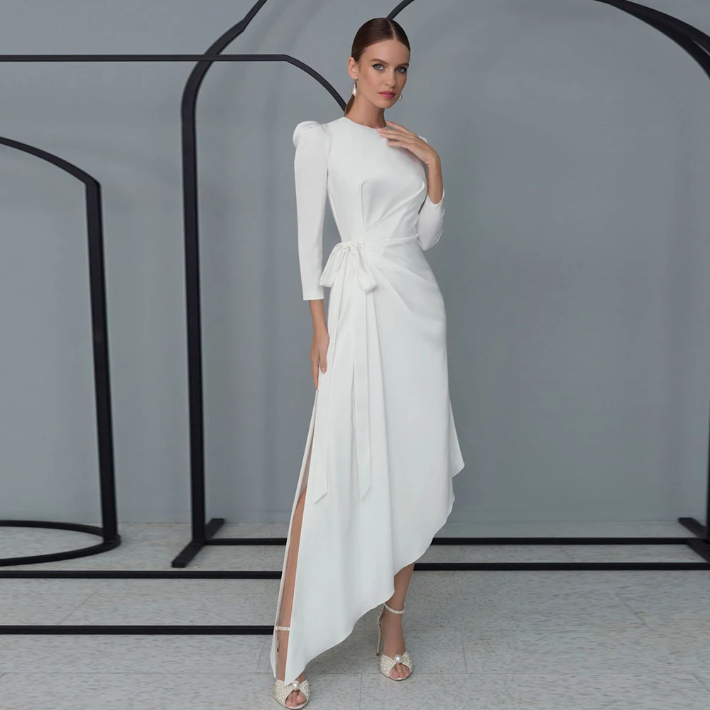 Top Trends: Modern Asymmetrical Side Slit Wedding Dress O Neck With Long Sleeve Zipper Back Unique Bridal Gown For Woman Party Vestido Novia Shoppable Styles