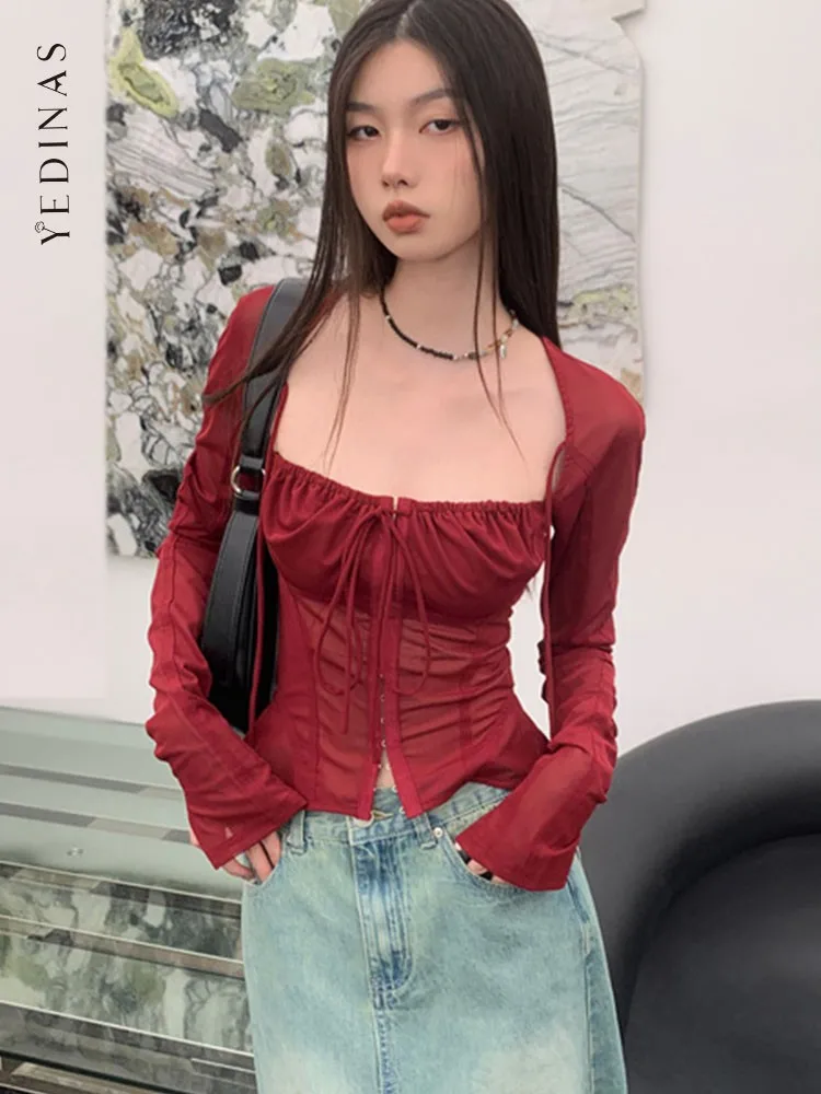 Top Trends: Yedinas Streetwear Burgundy Mesh Tops Long Sleeve Lace Up Square Collar T Shirt Women Crop Top Spring Summer 2023 Y2k Chic Tops Shoppable Styles