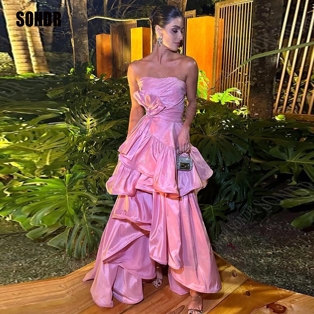 Top Trends: SONDR Elegant Pink A Line Satin Prom Dresses For Wedding Party Sleeveless Bow Tiered Arabic Women Evening Gowns Long Vestidos Shoppable Styles