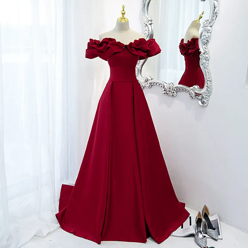 Top Trends: New Evening Dress Elegant Boat Neck Lace Up Floor-Length Off The Shoulder A-Line Burgundy Satin Party Formal Dresses Woman B1540 Shoppable Styles