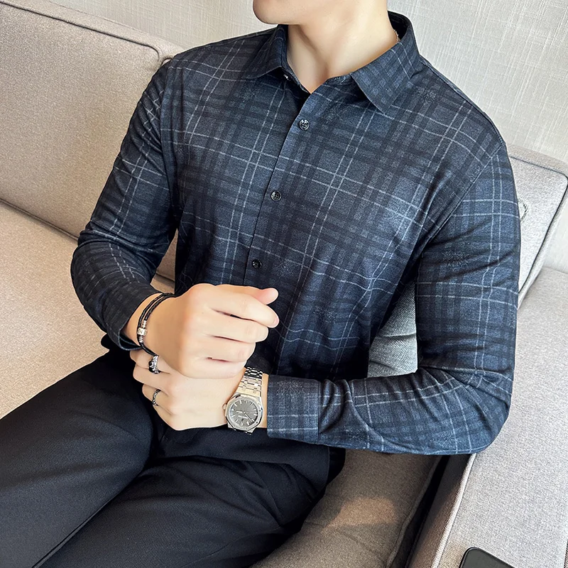 Top Trends: Summer Fashion Random Plaid Shirt Men Long Sleeve Casual Slim Fit Elastic Anti-wrinkle Shirts Tops Cotton Chemise Homme Shoppable Styles - Image 5