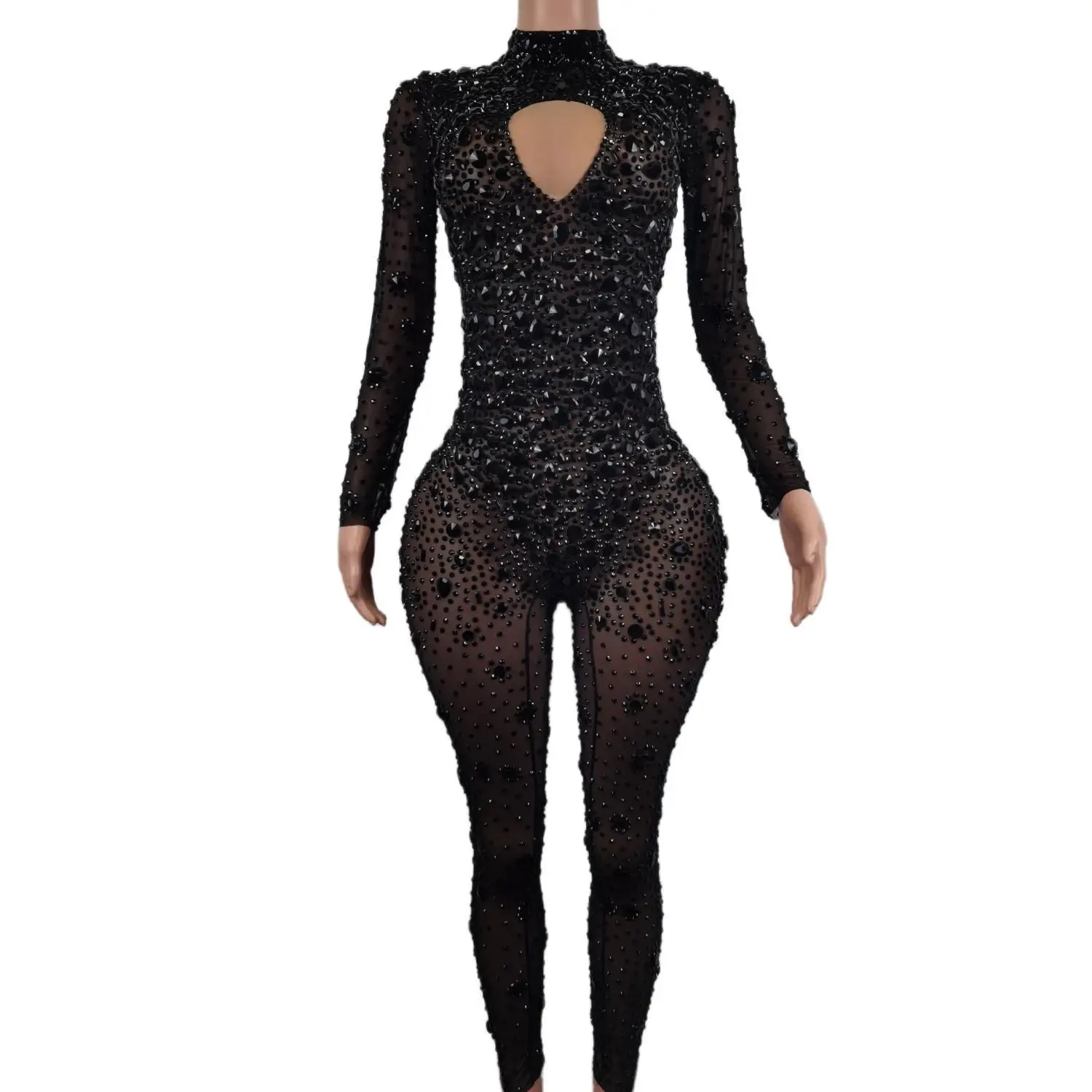 Top Trends: Sexy Rhinestones Black Long Sleeve Jumpsuit Women Performance Crystal Bodysuit Nightclub Pole Dance Costume Party Wear Cuican Shoppable Styles