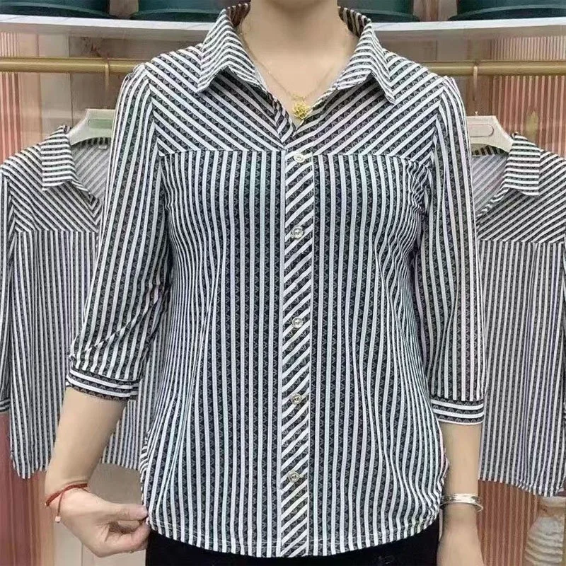 Top Trends: Fashion Loose All-match Striped Printed Shirt Summer Women's Clothing New 3 / 4 Sleeve Casual Turn-down Collar Buttons Blouses Shoppable Styles