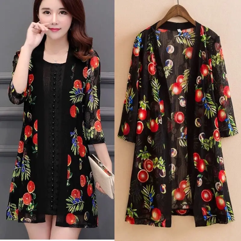 Top Trends: 2023 Summer Women's Lace Cardigan Printed Mid-length Shawl Thin Middle-aged Women Air-conditioned Shirt Jacket Y256 Shoppable Styles - Image 4