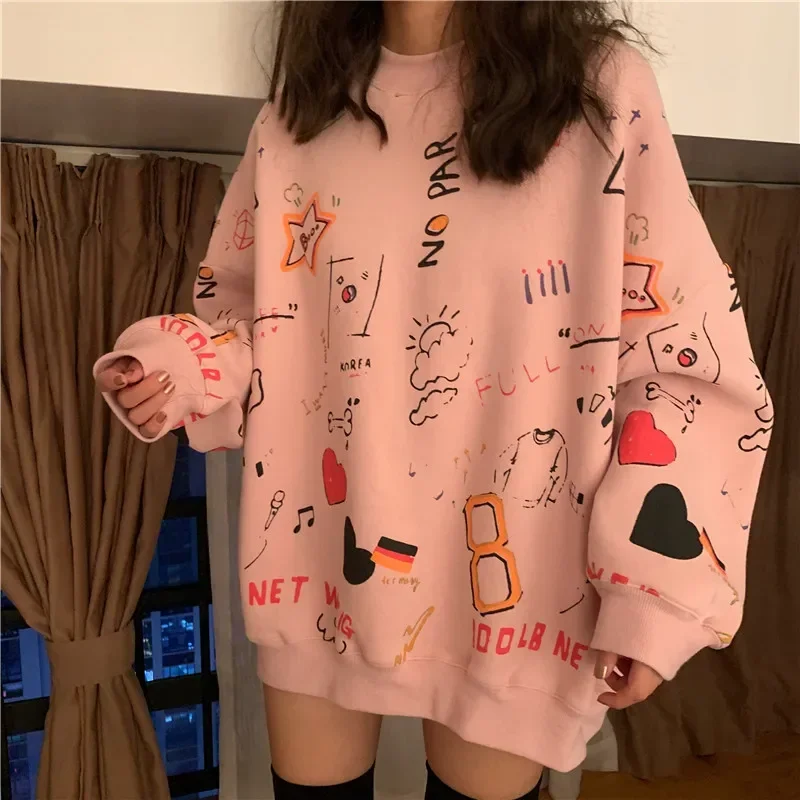 Top Trends: Korean Fashion Harajuku Autumn Women's Graffiti Printed Hip-hop Sweatshirt Loose Casual Punk Style Femme Long Sleeve Sweatshirt Shoppable Styles