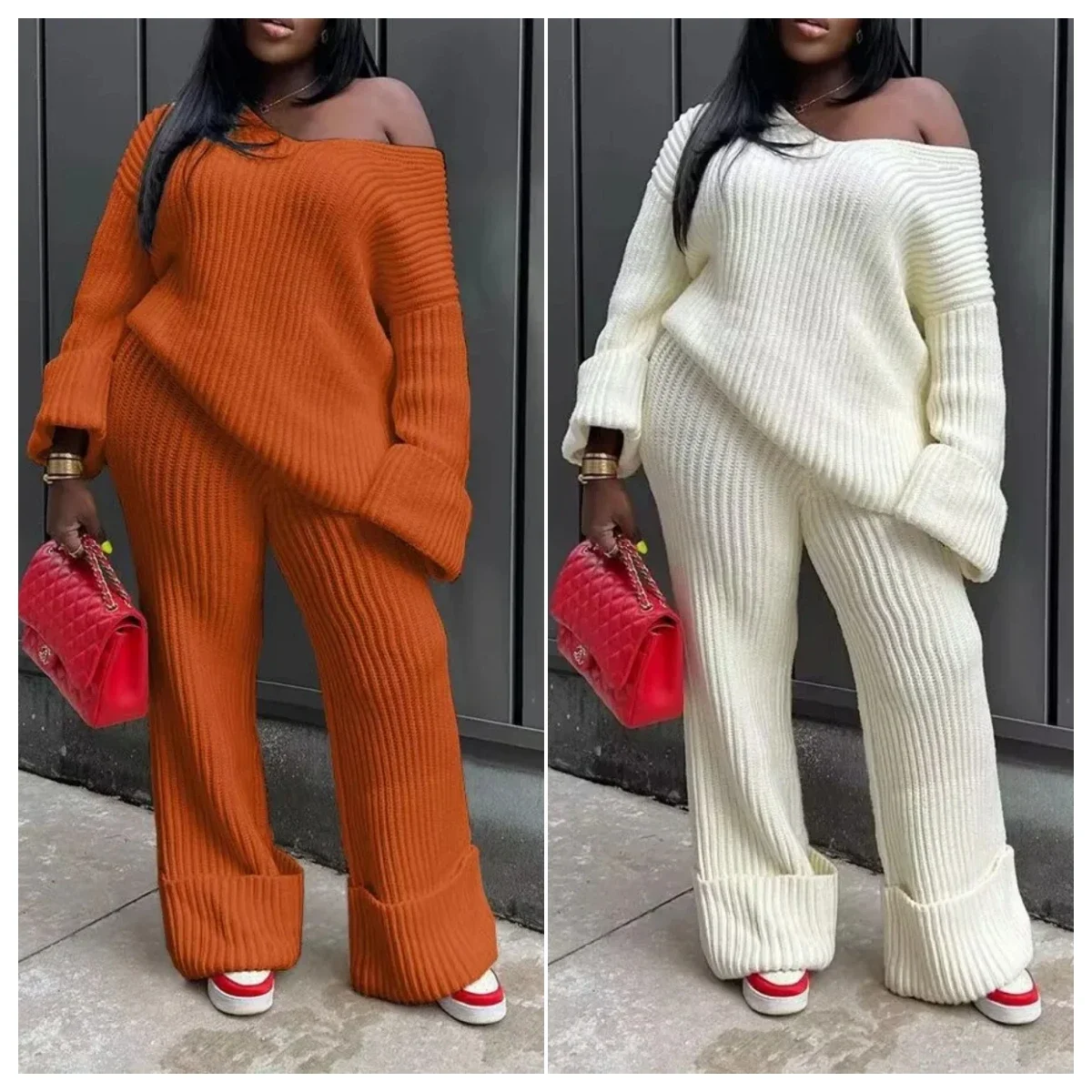 Top Trends: Solid Loose Knitted Two Piece Set Women Sexy V Neck Off Shoulder Long Sleeve Sweatshirts Top Wide Leg Pants Fashion Casual Suits Shoppable Styles