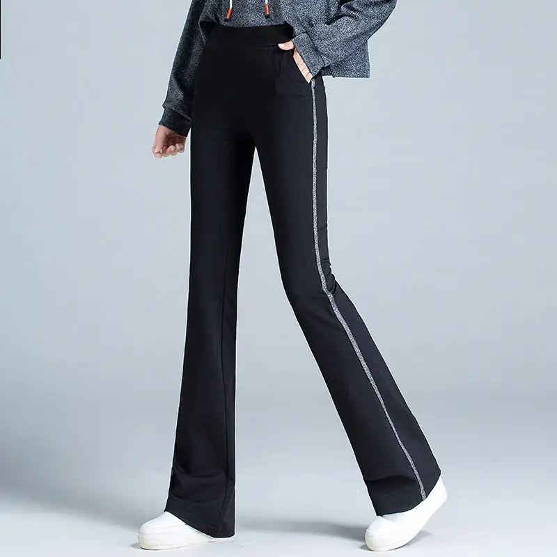 Top Trends: Spring Autumn New Korean Simple Women Flare Pants Solid Patchwork Stripe Elastic High Waist Loose Sport Casual Straight Trousers Shoppable Styles