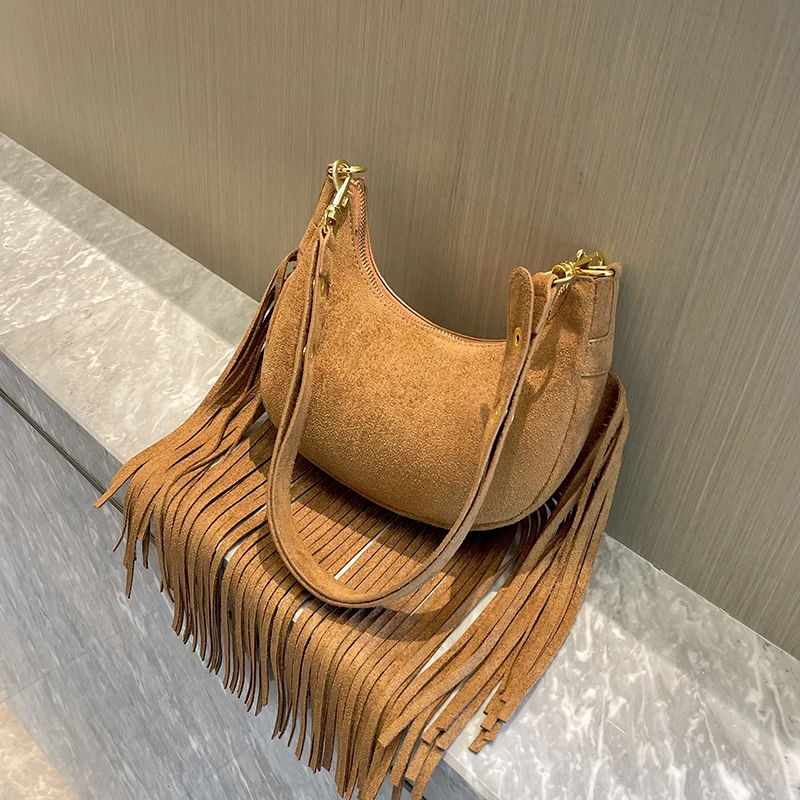 Top Trends: Tassel Designer Women's Bag 2023 Suede Leather Fashion Trend Handbag Half Moon Tote Shoulder Crossbody Purse Shoppable Styles