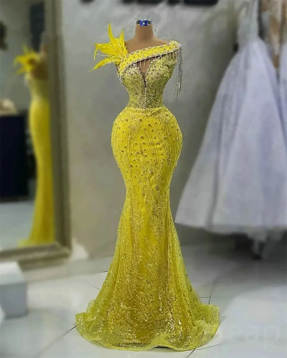 Top Trends: Luxury Yellow Evening Dresses With Beaded Sequins Feather Prom Ball Dress Mermaid Tassel Floor Length African Bride Gowns 2024 Shoppable Styles