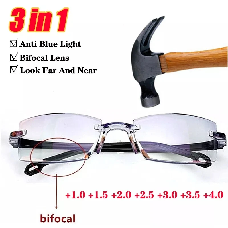 Top Trends: Rimless Reading Glasses Men Women Bifocal Far Near Anti Blue Light Presbyopic EyeGlasses Magnification Eyewear Diopter + 1.0-+ 4.0 Shoppable Styles