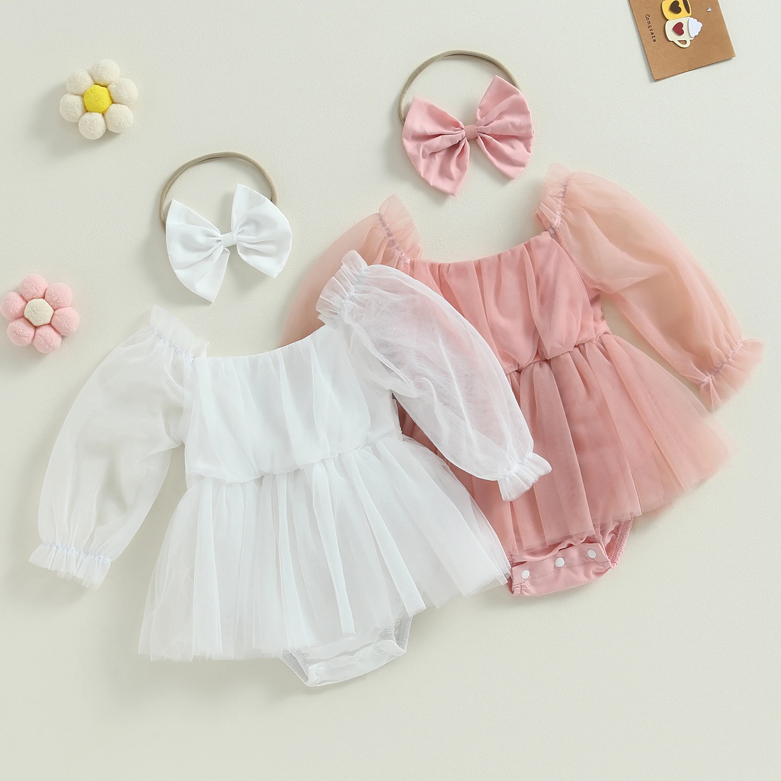 Top Trends: BeQeuewll Baby Girls Casual Romper Dress Lace Selvage Tulle Patchwork Romper With Bow Headband Cute Princess Dress Shoppable Styles