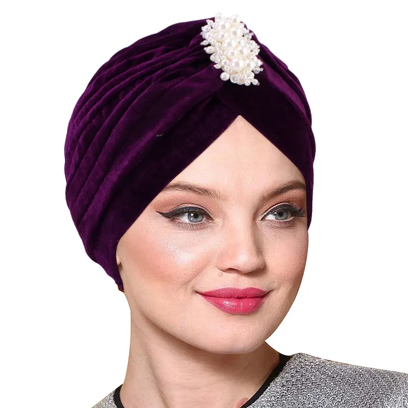 Top Trends: New Women Velvet Turban Hat Bead Muslim Twist Solid Color Hijab Chemo Cap Vintage Female Head Wraps Elegant Headscarf Beanies Shoppable Styles