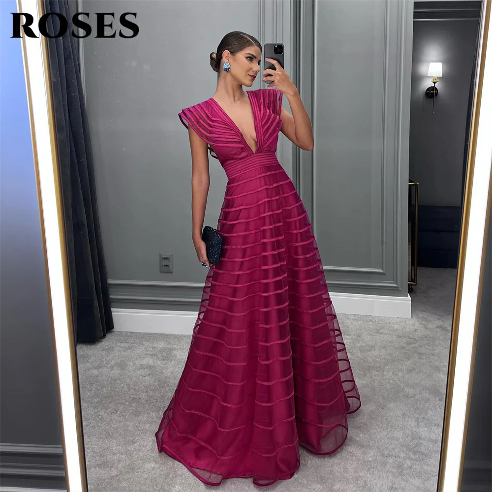 Top Trends: ROSES A Line Fuchsia Formal Dresses Pleat Night Dresses Women&#039;s Evening Dresses Deep V Neck Wedding Party Dress Robe De Bal Shoppable Styles