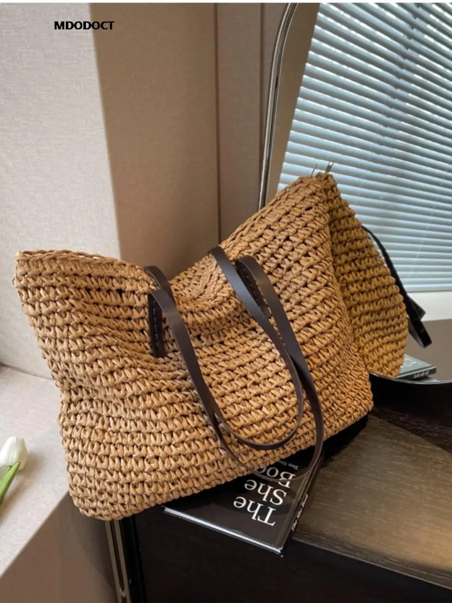 Top Trends: Luxury Design Straw Woven Tote Bags Summer Casual Large Capacity Handbags New Fashion Beach Women Shoulder Simple Style Shopping Shoppable Styles