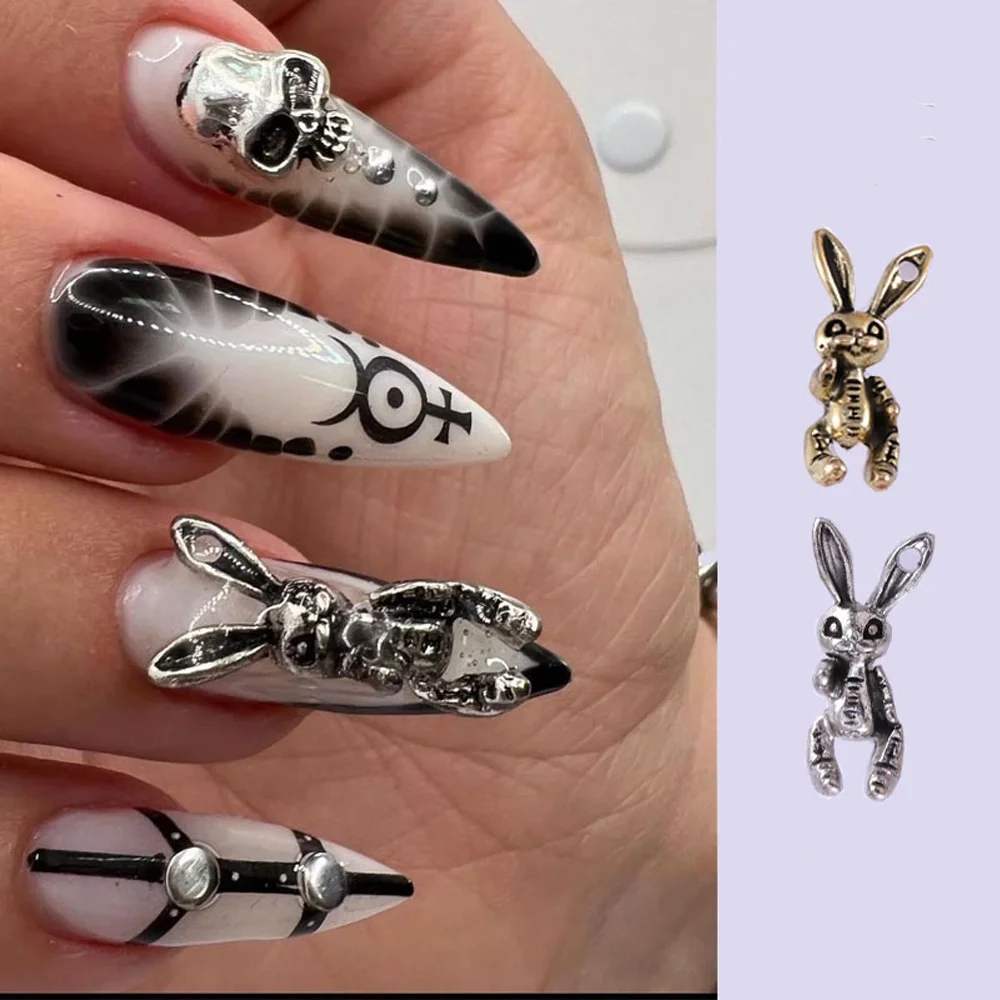 Top Trends: 10pcs Kawaii Skull Rabbit Nail Art Decoration 3D Punk Gold / Silver Metal Bunny Nail Jewelry DIY Pierced Nail Accessories Shoppable Styles