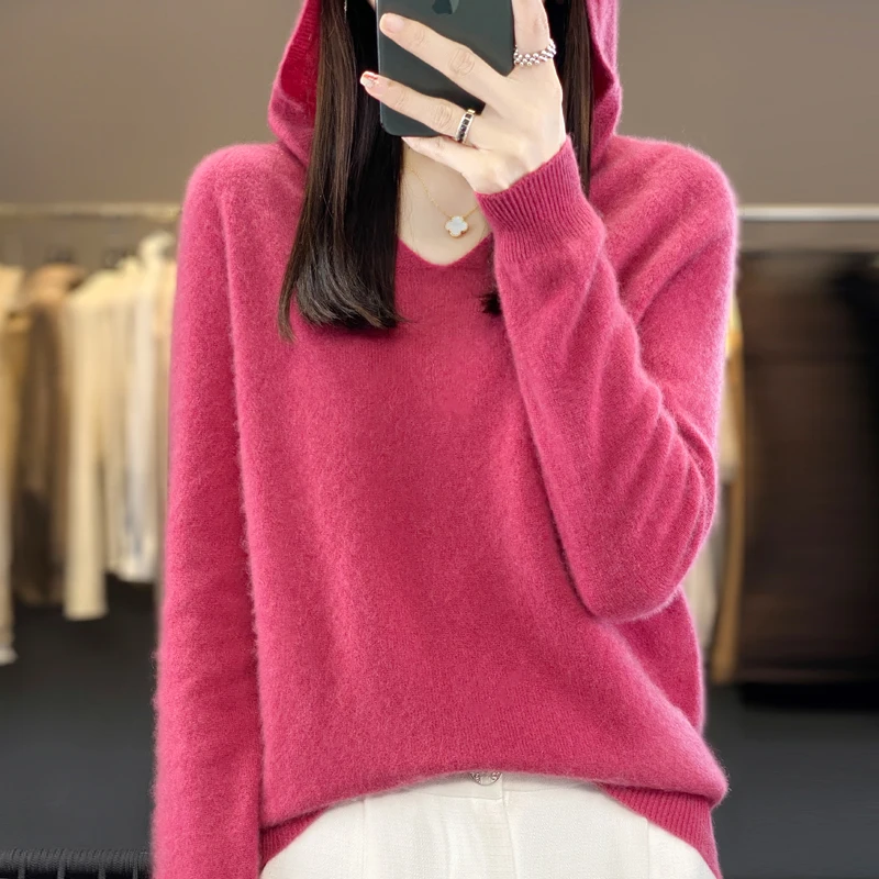 Top Trends: Autumn Winter New Solid Hooded V-Neck Temperament Pure Wool Pullover Knitwear Women&#039;s Outwear Classic Hoodie Long Sleeve Sweater Shoppable Styles