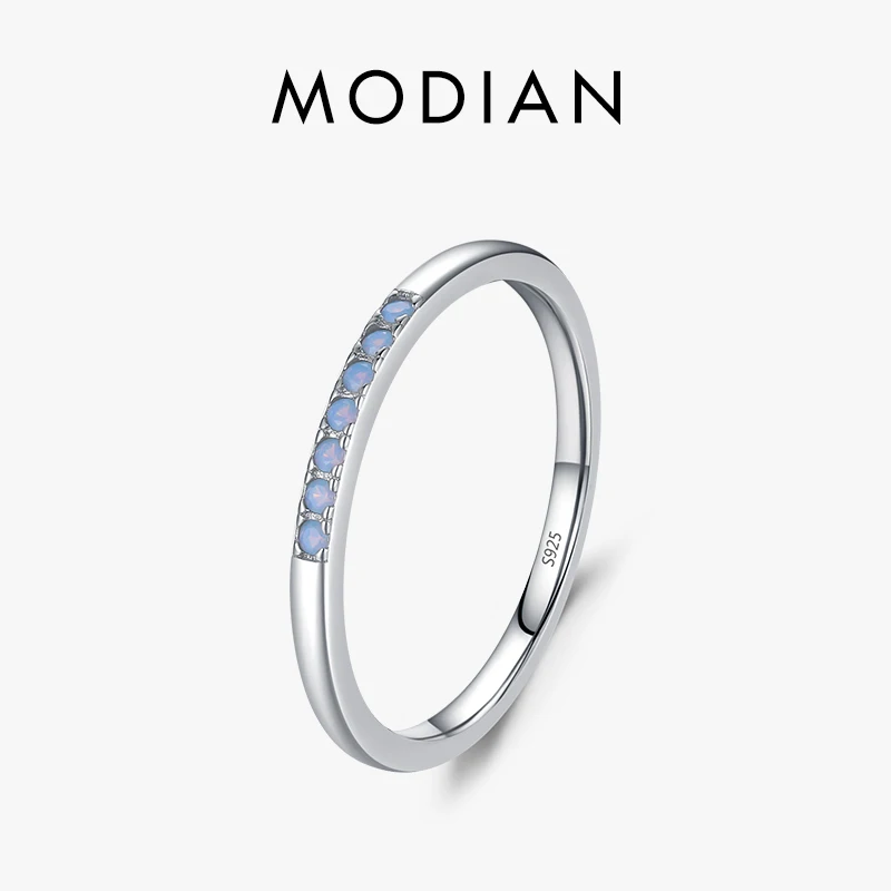 Top Trends: Modian Minimalism 925 Sterling Silver Simple Blue Opal Pave Setting Finger Ring Trendy Stackable Wedding Jewelry For Women Gift Shoppable Styles