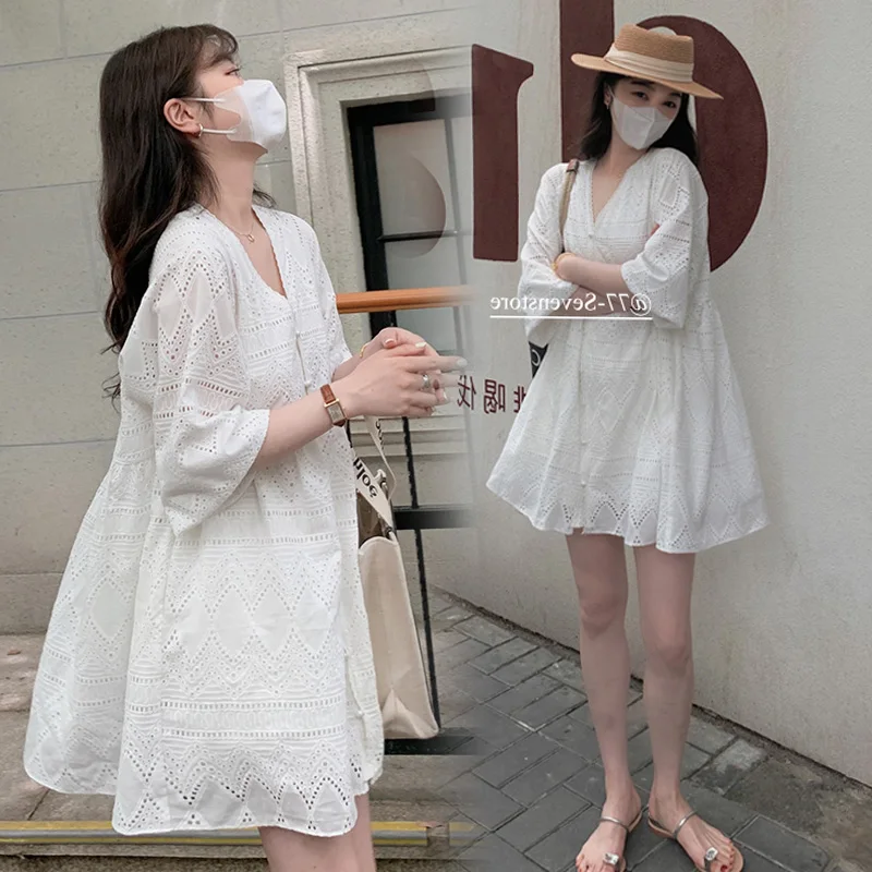 Top Trends: 2024 Spring V-neck Hollow Out Lace Shirts Maternity Long Loose Clothes Fashion Backless Pregnant Woman Blouse White Cotton Shirt Shoppable Styles