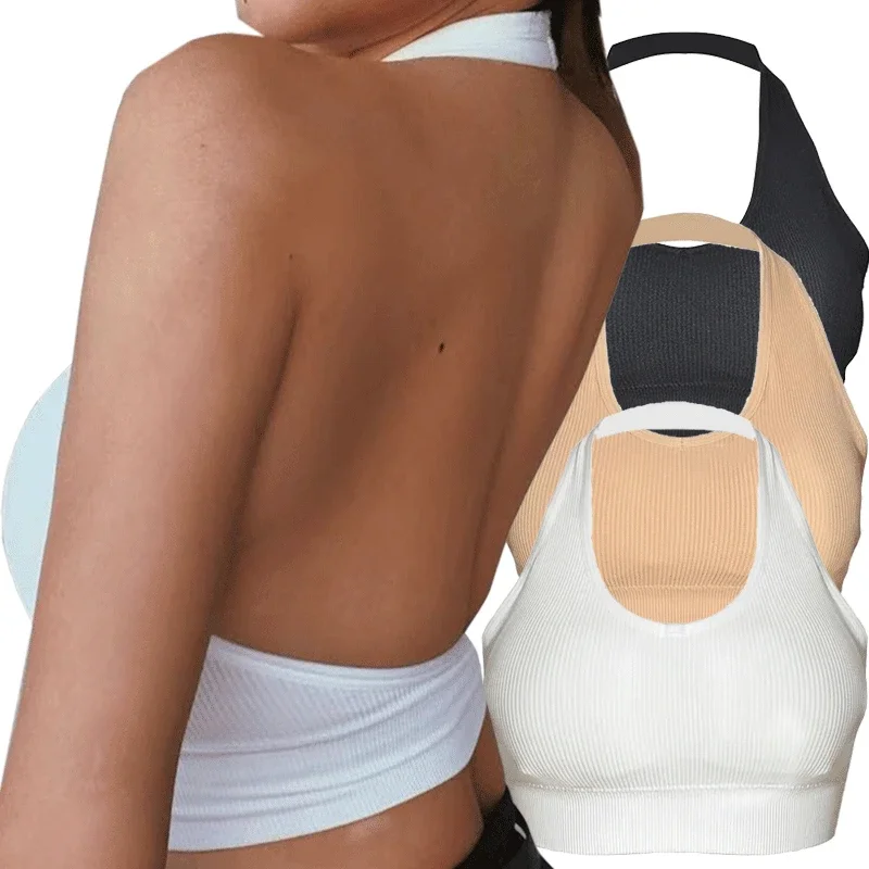 Top Trends: Women Backless Vest Sexy Bra Halter Wire Free Sport Bra Suspenders Solid Lingerie Female Tops Beautiful Back Wire Free Shoppable Styles