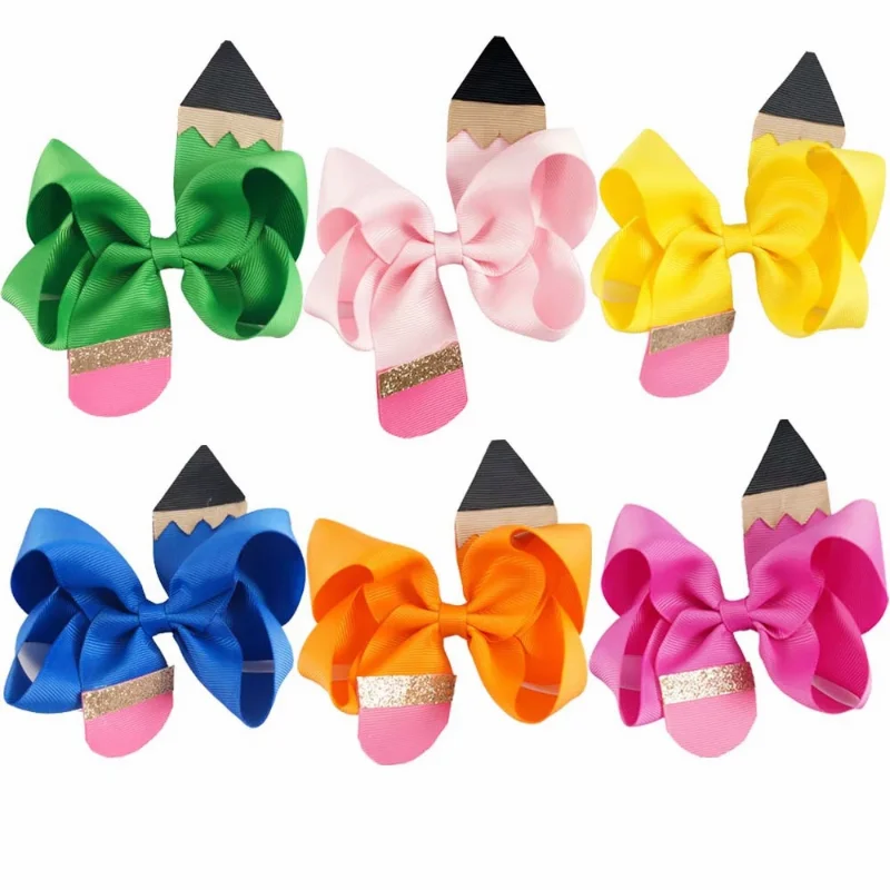 Top Trends: 3.9 / 4.5'' BACK TO SCHOOL Glitter Hair Bows With Alligator Clip Solid Pencil Grosgrain Ribbon Hair Clip Fashion Hair Accessories Shoppable Styles