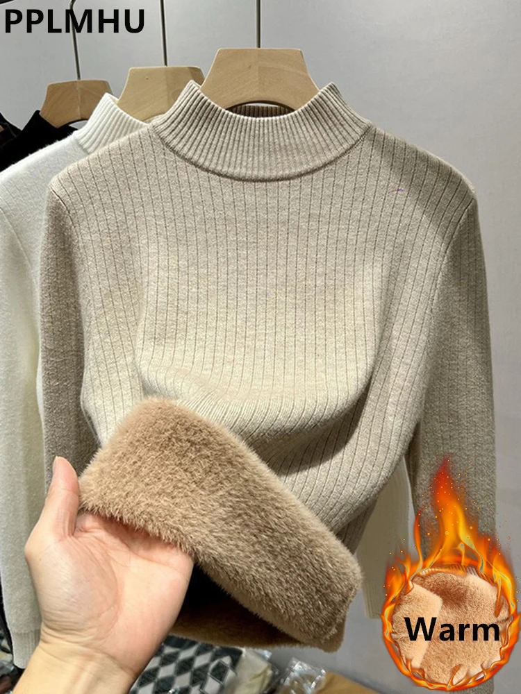 Top Trends: Winter Warm Sweater Pullover Women Slim Thicken Plush Velvet Lined Knitwear Jumper Korean Half Turtleneck Poleras Soft Knit Tops Shoppable Styles