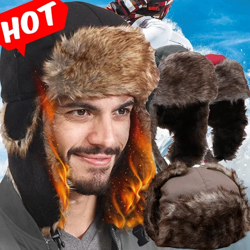 Top Trends: Men Winter Lei Feng Hat Thicken Faux Fur Bomber Hats Plush Snow Bonnets With Ear Flaps Windproof Warm Outdoor Fishing Skull Cap Shoppable Styles