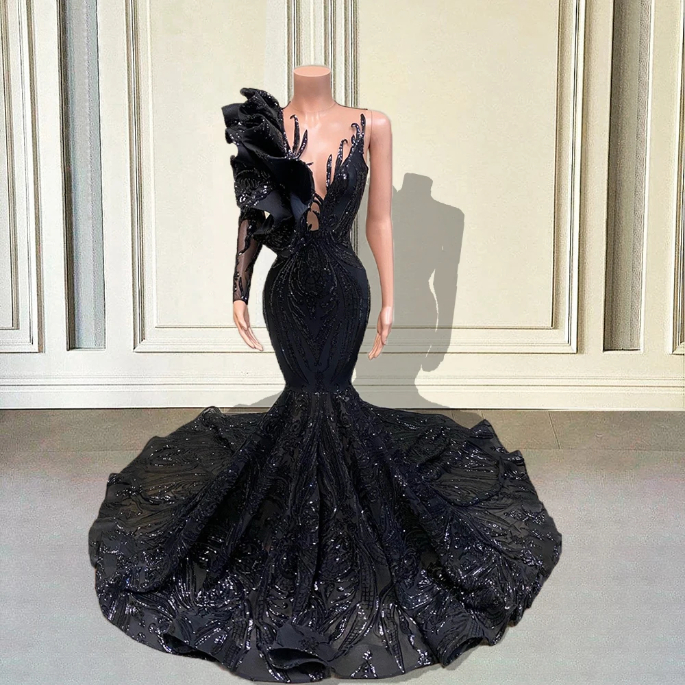 Top Trends: Black Sequin Long Mermaid Prom Dresses 2024 Luxury Black Girl Ruffles Single Full Sleeve African Formal Wedding Party Gala Gown Shoppable Styles