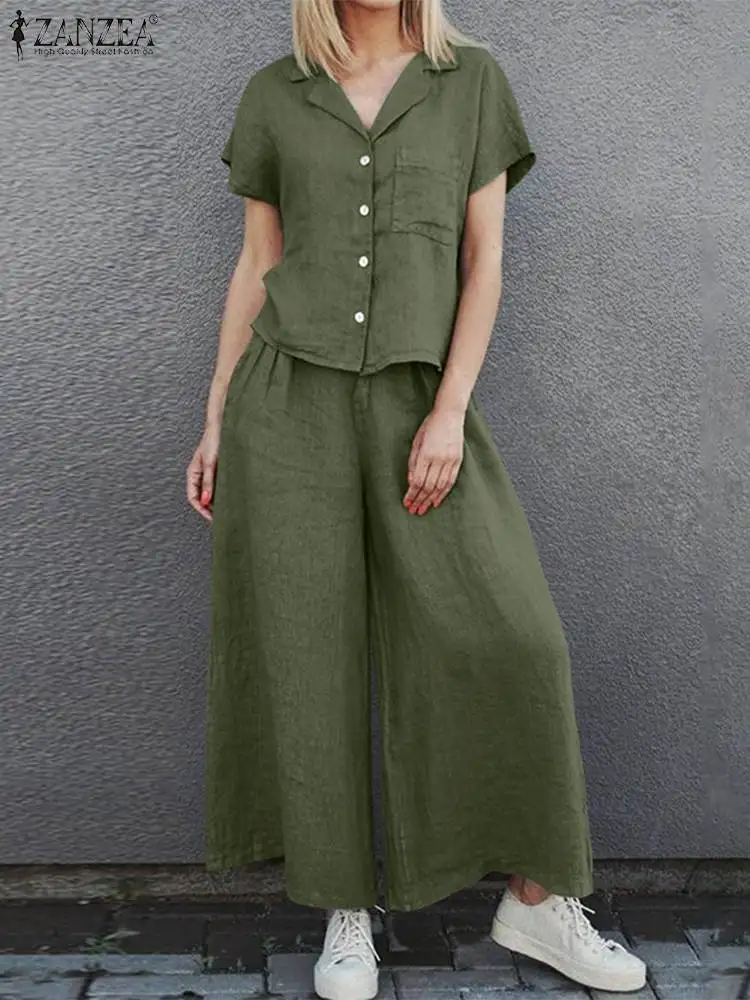 Top Trends: ZANZEA Women 2023 2PCS Suits Matching Sets Summer Wide Leg Pants Pants Sets Lapel Neck Short Sleeve Blouse Elegant OL Shoppable Styles - Image 2