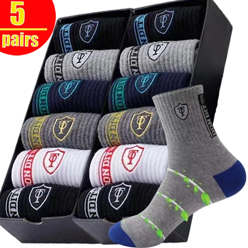 Top Trends: 5pairs Bamboo Fiber Socks Breathable Cotton Winter Warm Letter Sports Sock Breathable Deodorant Men's Business Socks 37-45 Sox Shoppable Styles