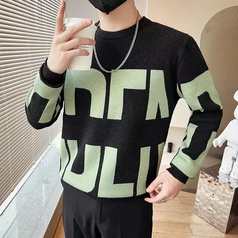 Top Trends: Fashion O-Neck Spliced Casual Letter Sweaters Mens Clothing 2023 Autumn Winter Loose Knitted Korean Pullovers All-match Tops Shoppable Styles