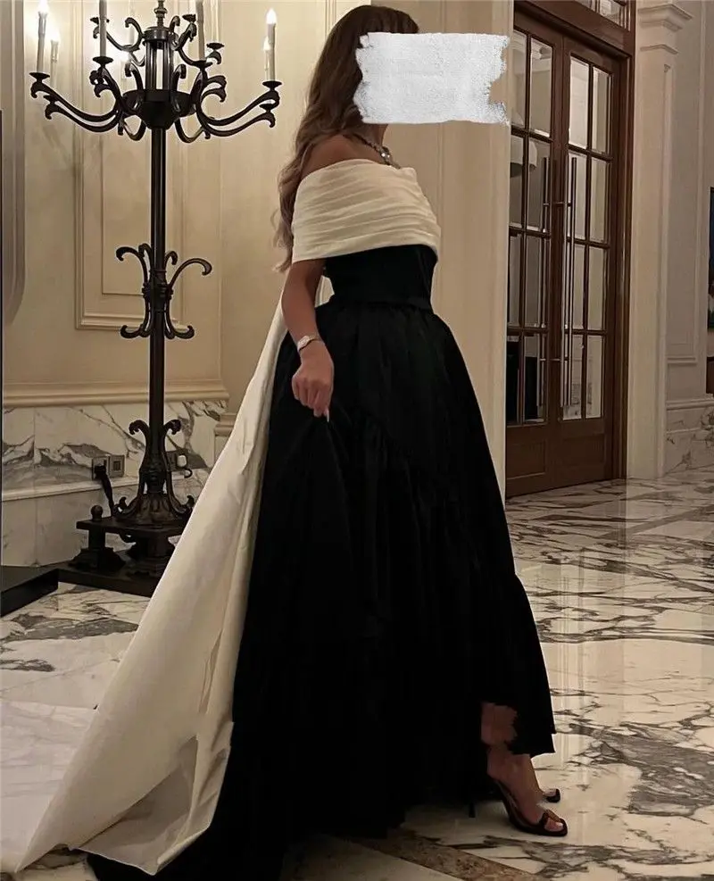 Top Trends: Luxury Black White Satin Formal Long Evening Dresses Detachable Sweep Train Party Gown Vestido Saudi Arabric Prom Dress Shoppable Styles