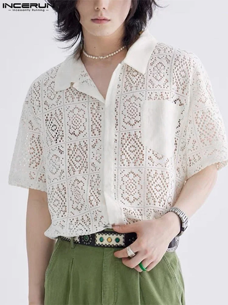 Top Trends: Fashion Casual Style New Men&#039;s Tops INCERUN Hollow Lace Pane Flower Printed Blouse Male Knitted Short-sleeved Shirts S-5XL 2023 Shoppable Styles