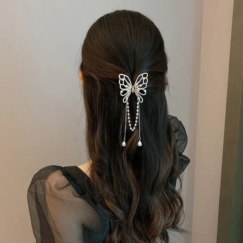 Top Trends: Vintage Butterfly Pearl Tassel Hair Claw Clip Women Korean Style Rhinestone Crab Shark Ponytail Hairpins Hair Accessories Female Shoppable Styles - Image 3