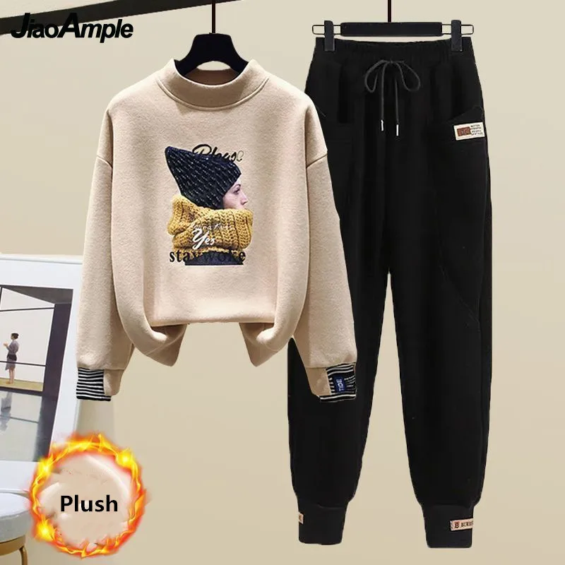 Top Trends: Women's Fashion Plush Sweater Tracksuits 2 Piece Set 2022 Winter Warm Loose Fake Two-piece Pullover Top + Pants Sportswear Suit Shoppable Styles