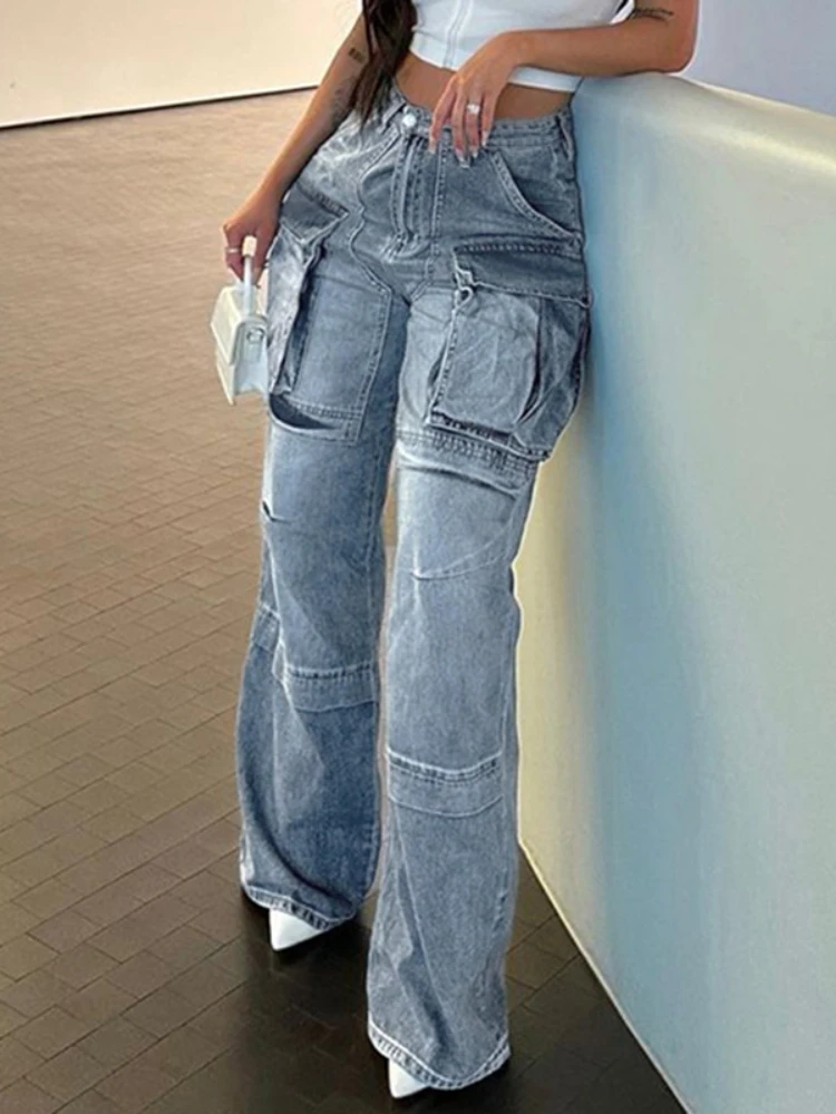 Top Trends: TARUXY Pockets High Waisted Jeans Woman 2023 Autumn Winter Baggy Blue Cargo Pants Women&#039;s Casual Loose Fashion Denim Pant Women Shoppable Styles