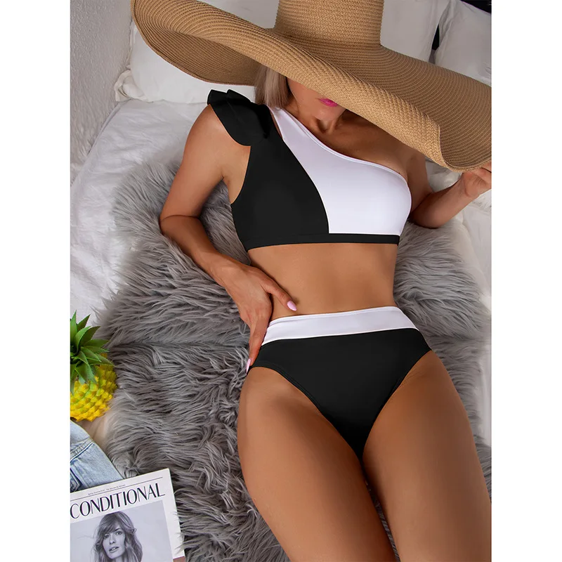 Top Trends: 2022 High Waist Colorblock Swimwear Woman 2 Pieces Bodysuit Bathing Suit Summer Bikini Set Shoppable Styles