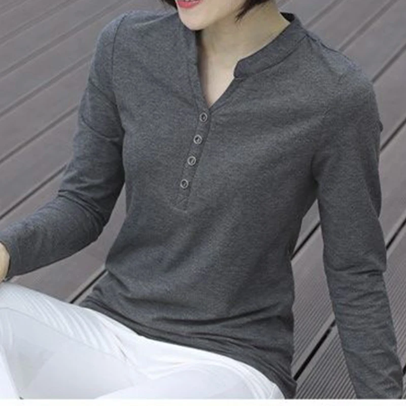 Top Trends: Spring Summer New Blouse Long Sleeve V-neck Women's T-shirt Cotton Shirt Stand Collar Large Female Solid Casual Fashion Tops Shoppable Styles