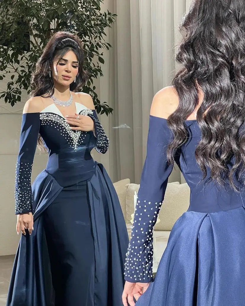 Top Trends: Navy Mermaid Long Sleeves Prom Dresses Formal Women Evening Gowns Pearls V Neck Floor Length Party Dresses Back Zipper Shoppable Styles