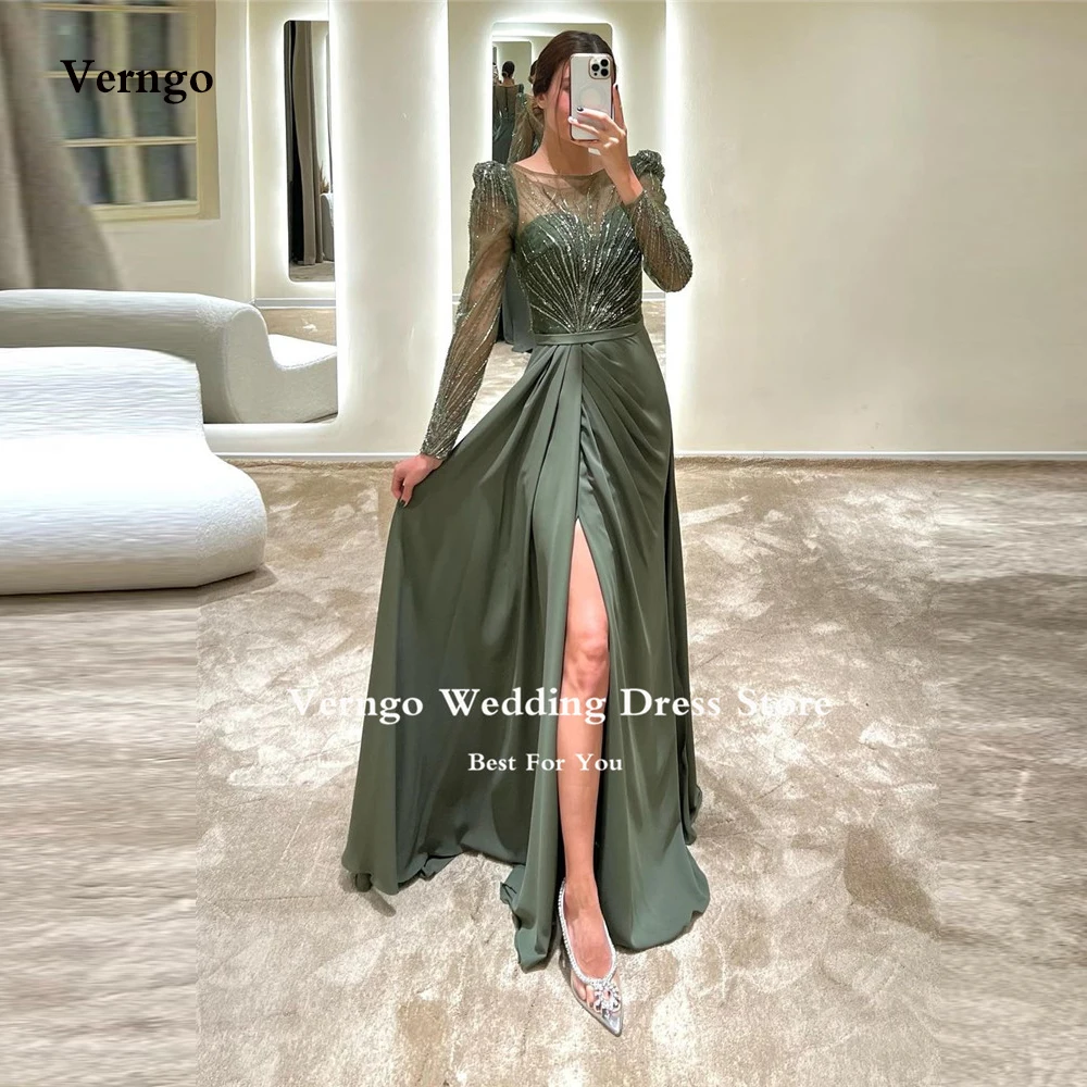 Top Trends: Verngo Shiny Sequin Lace Vintage Evening Dresses Scoop Neck Long Sleeves Pleats Scoop Neck Dubai Arabic Women Formal Prom Gown Shoppable Styles