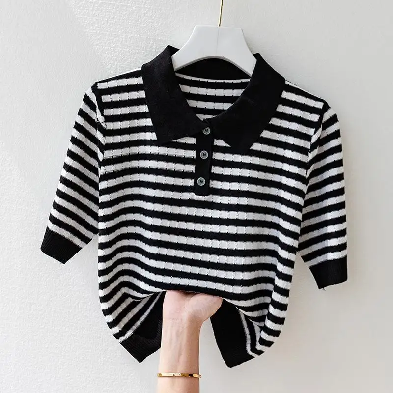 Top Trends: Fashion Women Short Sleeve Striped Knitted Polo Shirts Spring Summer All-match Tees Female Clothing New Pullover Bottoming Tops Shoppable Styles