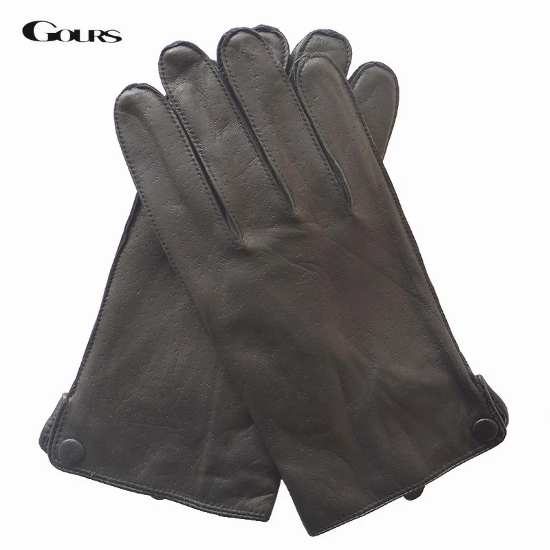 Top Trends: GOURS Winter Real Leather Gloves Men Black Genuine Goatskin Gloves Fleece Lining Warm Driving Fashion Button New Arrival GSM048 Shoppable Styles