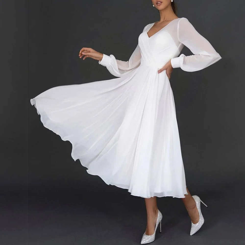 Top Trends: Sexy V Neck Chiffon White Midi Summer Dresses For Women 2023 Elegant Evening Wedding Guest Party Long Sleeve Ball Gown Dress Shoppable Styles