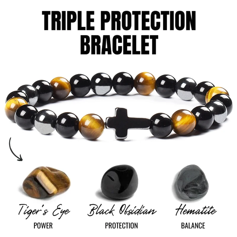 Top Trends: Triple Protection Bracelet Bring Luck Natural Hematite Slimming Black Obsidian Tiger Eye Stone Beads Women Men Cross Bracelets Shoppable Styles