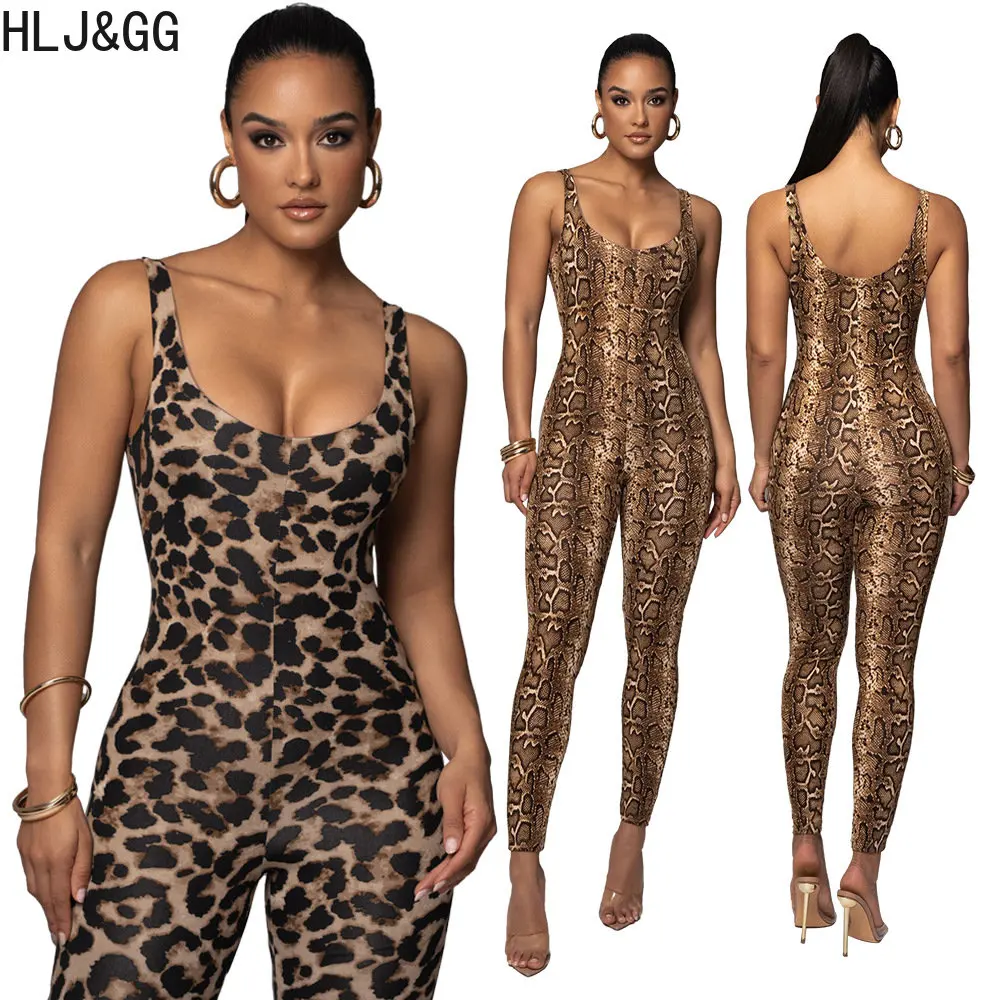 Top Trends: HLJ&amp;GG Sexy Leopard Printing Bodycon Jumpsuits Women Thin Strap Round Neck Slim Playsuits Female Nightclub One Piece Overalls Shoppable Styles