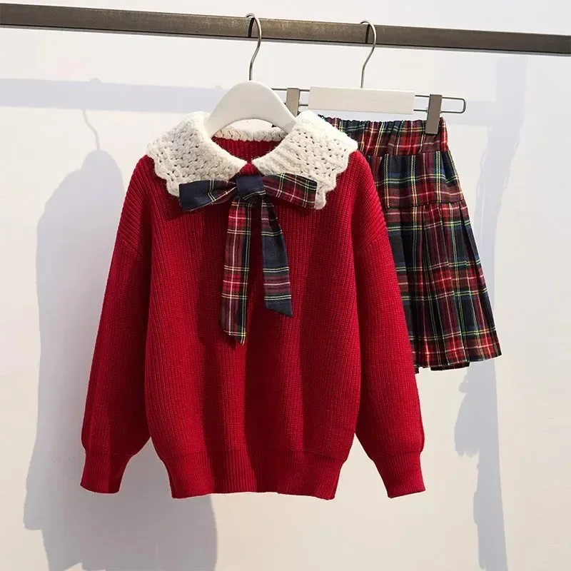 Top Trends: Teenage Girls JK Suit Clothing Winter Children Knitted Lapel Sweater Plaid Pleated Skirt Autumn School Clothes Trend Shoppable Styles - Image 3