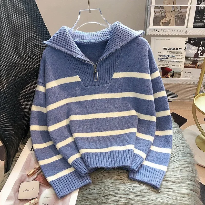 Top Trends: Warm Women Sweater Thick Winter Fashion Striped Zipper Jmuper Loose Korean Knitted Female Pullover Blouse Shoppable Styles - Image 4