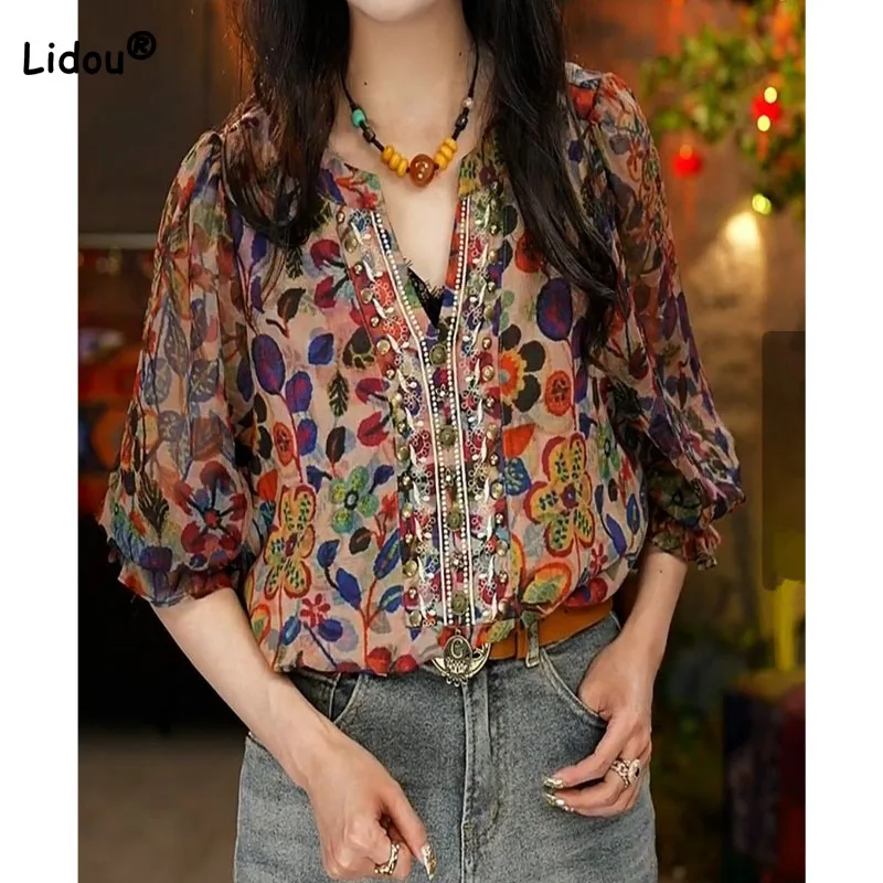 Top Trends: Women's Fashion Vintage V-Neck Half Sleeve Printed Shirt Summer Casual Korean Spliced Temperament Tops Female Clothing 2023 Shoppable Styles