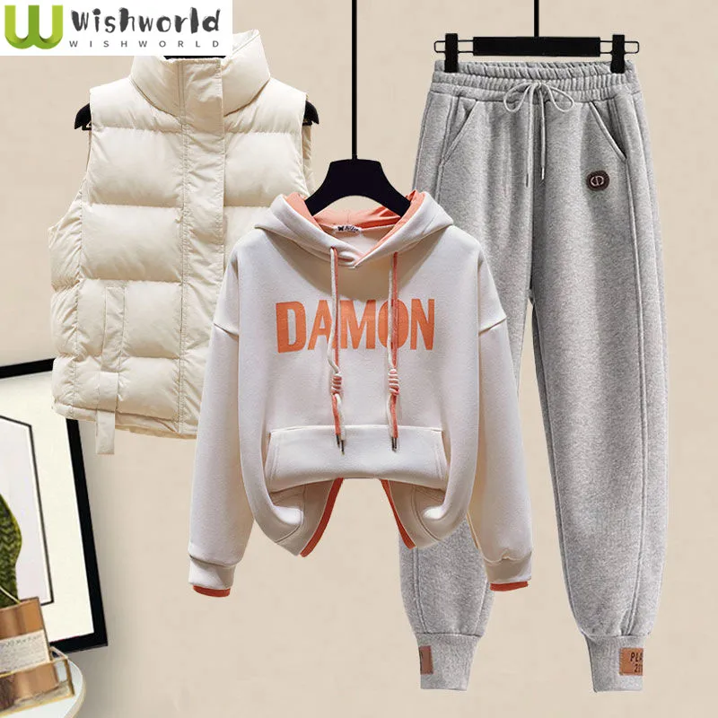 Top Trends: Plush And Thick Hoodie, Cotton Vest Casual Sports Pants 3-piece Fashionable Female Student Sports Set Winter Tracksuit Outfits Shoppable Styles