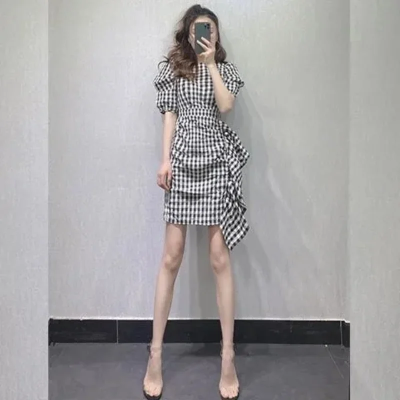 Top Trends: Ladies Summer New Arrivals Black And White Plaid Dress 2022 Summer Sleeveless Irregular Ruffled Square Neck Bow Tie Mini Dress Shoppable Styles